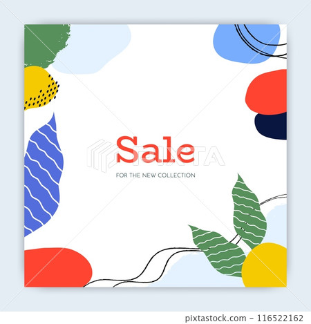 Big sale. Shopping discount. Abstract fruits and palm plant leaves. Color doodle spots. Boutique offer. Outline simple flat shapes. Summer promotion. Square frame. Vector marketing banner 116522162