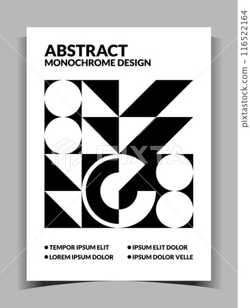 Abstract poster. Bauhaus monochrome design. Geometric shapes. Flat circles and squares collage. Black and white minimal figures. Brutalist placard. Modern art graphic vector banner 116522164