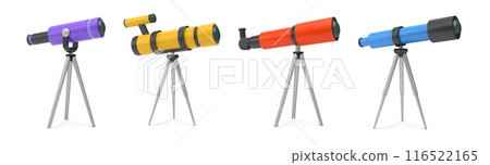 Telescope icons. Astronomy space view tool. Mobile glass lens for galaxy or universe learning. Magnification optical equipment at tripod. Astrology research. Vector 3D spyglasses set 116522165