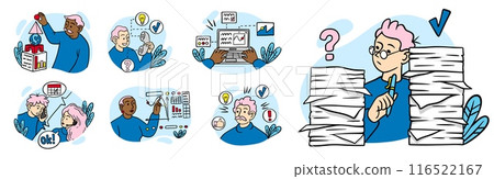 Business scenes. Office people communication. Outline characters. Business communication. Manager speak scene. Paperwork and project planning. Company management. Vector cartoon set 116522167