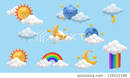 3d sun. Clouds with morning rainbow and raindrops. Moon icons. Summer rainstorm. Sunny sky nature. Meteorology forecast. Crescent and stars. Render cumulus. Vector cartoon elements set 116522186