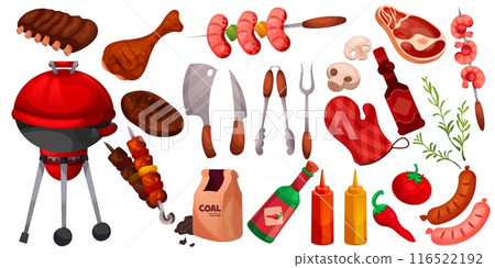BBQ elements, grill equipment. Barbeque cooking, meat food skewer for steak on picnic, tools for fish and chicken kebab. Sausage and vegetable. Product on fire roasted. Vector cartoon set 116522192