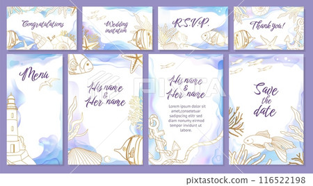 Ocean wedding invitation. Watercolor sea wave, blue summer invite card or paint party flyer, beach water. Golden decorative elements starfish, seashell, lighthouse and anchor. Vector illustration Ocean wedding invitation. Watercolor sea wave, blue summer invite card or paint party flyer, beach water. Golden decorative elements starfish, seashell, lighthouse and anchor. Vector illustration 116522198