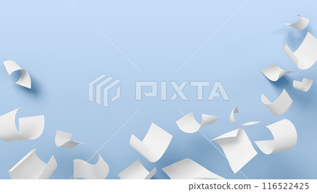 3d blue background with white paper sheets falling down. Scatter blank pages, office documents, business files, wave curve notes flying in air. Mess in paperwork, banner render mockup. 3D illustration 3d blue background with white paper sheets falling down. Scatter blank pages, office documents, business files, wave curve notes flying in air. Mess in paperwork, banner render mockup. 3D illustration 116522425