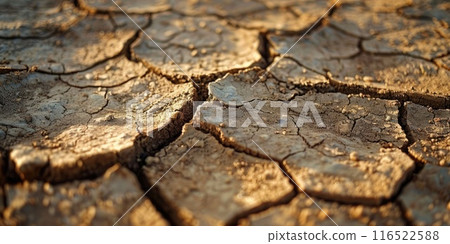 Close-up of cracked, dry earth with visible textures and shades of brown and gray. 116522588