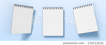 Notebook sheets, block of blank pages with spiral 3d render icon set. Realistic mockup of empty wall calendar, white paper office planner or notepad isolated on blue background. 3D illustration 116522616