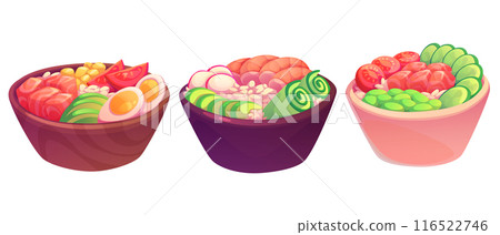 Poke bowl with rice, seafood and vegetables Poke bowl with rice, seafood and vegetables 116522746