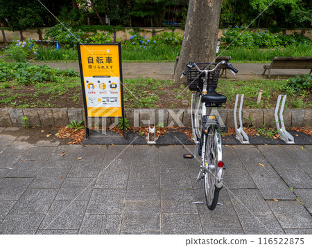A bicycle sharing station installed in the park A bicycle sharing station installed in the park 116522875