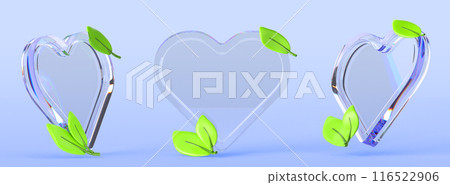 3d set of heart shape glass plates with green leaves isolated render icon. Ecology transparent banner frame with plant foliage. Symbol of love for nature, organic product, health care. 3D illustration 116522906