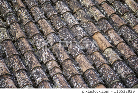 Detail of old baked clay tiles, protection for roofs Detail of old baked clay tiles, protection for roofs 116522929