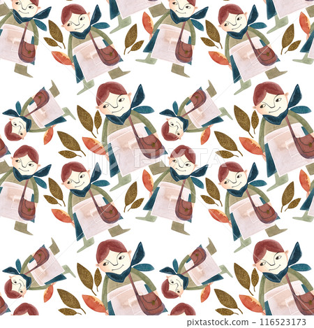 Watercolor seamless patern with autumn gnomes . Seasonal wrapping paper. Fall. Raster illustration for packaging, wallapers, wrapping paper, textile. White background 116523173