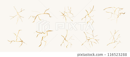 Kintsugi gold simple break lines, asian geaometric crackle. Surface with crack print, effect. Moderm cover golden broken texture. 116523288