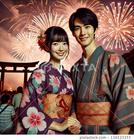 穿著浴衣的情侶 1 在夏日祭典上拍照 116523355