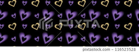 Seamless pattern y2k aura. Blurred heart, butterfly and stars with aura in trendy style y2k on black background. 116523528