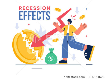 Vector Illustration of Recession Effects Showing the Impact on Economic Growth and the Decline in Economic Activity with a Flat Cartoon Background Vector Illustration of Recession Effects Showing the Impact on Economic Growth and the Decline in Economic Activity with a Flat Cartoon Background 116523670
