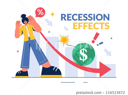 Vector Illustration of Recession Effects Showing the Impact on Economic Growth and the Decline in Economic Activity with a Flat Cartoon Background Vector Illustration of Recession Effects Showing the Impact on Economic Growth and the Decline in Economic Activity with a Flat Cartoon Background 116523672