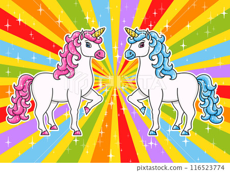 Cute unicorn. Magic fairy horse. Cartoon character. Colorful vector illustration. Isolated on color background. Design element. Template for your design, books, stickers, cards, posters, clothes. 116523774