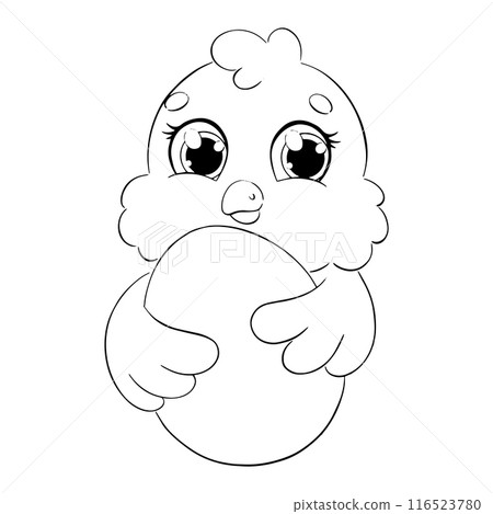 Fluffy chick holding an easter egg. Coloring book page for kids. Cartoon style character. Vector illustration isolated on white background. 116523780