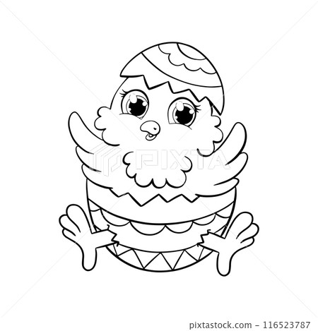 Cute chick in an easter egg. Coloring book page for kids. Cartoon style character. Vector illustration isolated on white background. Cute chick in an easter egg. Coloring book page for kids. Cartoon style character. Vector illustration isolated on white background. 116523787