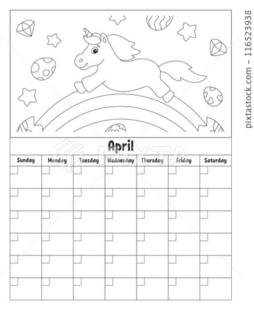 Blank calendar template for one month without dates. Colorful design with a cute character. Vector illustration. Blank calendar template for one month without dates. Colorful design with a cute character. Vector illustration. 116523938