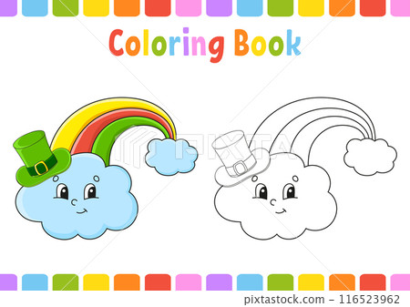 Coloring book for kids. St. Patrick's day. Cartoon character. Vector illustration. Fantasy page for children. Black contour silhouette. Isolated on white background. Coloring book for kids. St. Patrick's day. Cartoon character. Vector illustration. Fantasy page for children. Black contour silhouette. Isolated on white background. 116523962