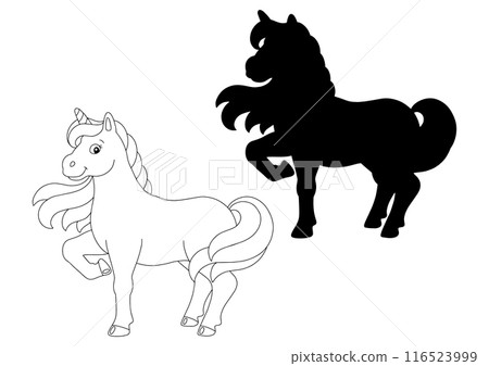Black silhouette unicorn. Design element. Vector illustration isolated on white background. Template for books, stickers, posters, cards, clothes. 116523999