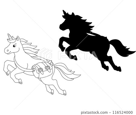 Black silhouette unicorn. Design element. Vector illustration isolated on white background. Template for books, stickers, posters, cards, clothes. 116524000