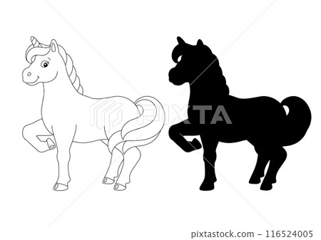 Black silhouette unicorn. Design element. Vector illustration isolated on white background. Template for books, stickers, posters, cards, clothes. Black silhouette unicorn. Design element. Vector illustration isolated on white background. Template for books, stickers, posters, cards, clothes. 116524005