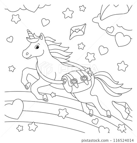 Unicorn postman with a bag of love letters. Coloring book page for kids. Valentine's Day. Cartoon style character. Vector illustration isolated on white background. 116524014