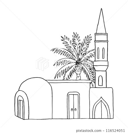 Arabic old town street with palm and tower flat line vector illustration in black and white. Minimalist houses landscape in Middle East. Islamic architecture in Jerusalem 116524051