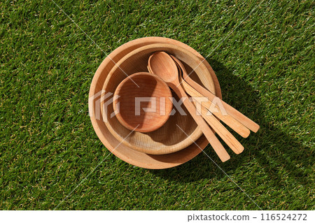 Reusable tableware made of wood on grass. Reusable tableware made of wood on grass. 116524272