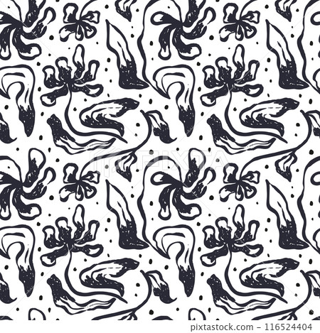 Monochrome black and white brush strokes inky flowers seamless pattern 116524404
