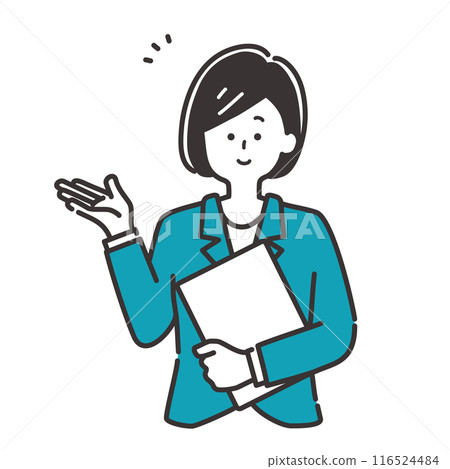 Illustration material of a business person (woman in a suit) holding a document to guide and explain 116524484