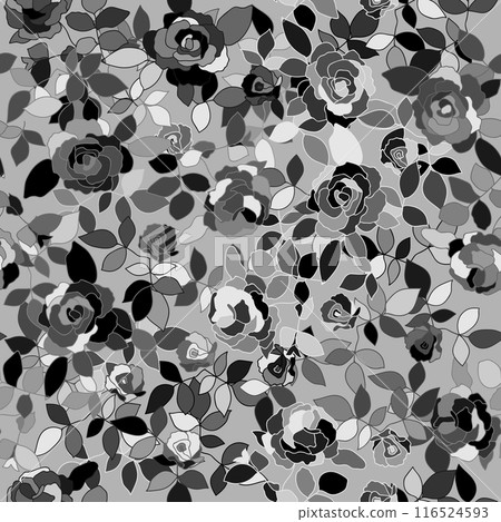 Black and white seamless pattern with flowers roses and leaves. Floral seamless background. Flat design. Rose vector illustration. Black and white seamless pattern with flowers roses and leaves. Floral seamless background. Flat design. Rose vector illustration. 116524593