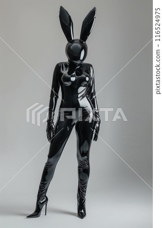 photo of a tall woman wearing a black shiny latex rabbit suit, high heels and a bunny ears mask, full body shot against a plain background. 116524975