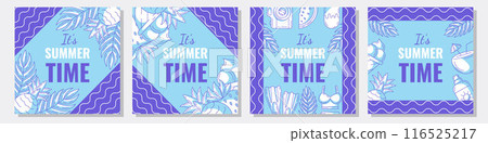 Set of summer beach square card, vector minimalist design with bright monochrome seasonal elements, geometric shapes, wavy lines. For postcard, social media, poster, banner, post, invitation 116525217