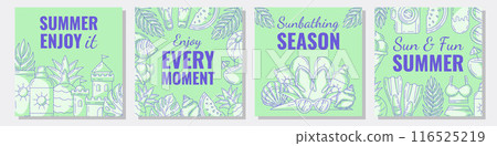 Set os summer beach square card with bright minimalist monochrome seasonal elements and accessories border frame. Summertime concept. For postcard, social media, poster, banner, invitation or flyer 116525219
