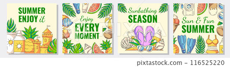 Set of colorful summer beach square card with painted seasonal elements and accessories. Summertime, holiday and vacation concept. For postcard, social media, poster, banner, invitation or flyer 116525220