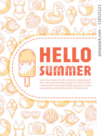 Summer beach vertical poster a4, vector orange modern minimalist design with seasonal line icons pattern, space for text. For banner, book cover, notebook, card, invitation, advertising or planner Summer beach vertical poster a4, vector orange modern minimalist design with seasonal line icons pattern, space for text. For banner, book cover, notebook, card, invitation, advertising or planner 116525221