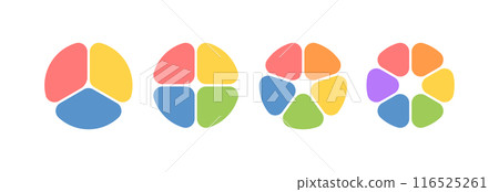 Circle division infographic icon set. Pie chart divided 4,5,6 equal parts. Sectors with rounded corners icon. Color infographic flower round diagram. Vector illustration isolated on white background 116525261