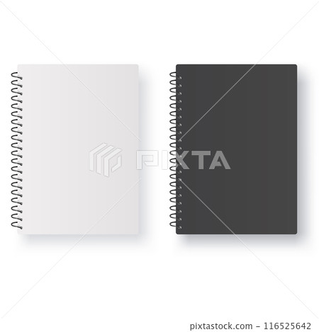 Two spiral notebooks: one white cover, one black cover, isolated. Vector 116525642