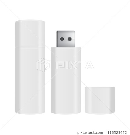 White USB flash drive with cap removed, three parts shown. Vector 116525652
