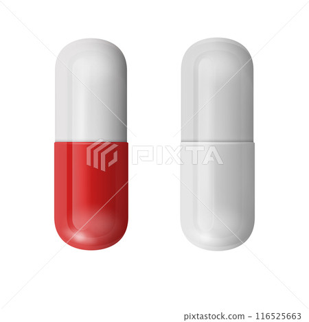 Two white pills, one solid and one scored, isolated view. Vector 116525663
