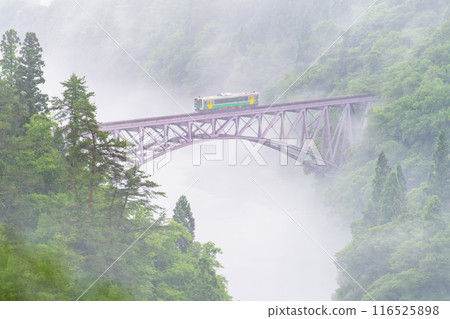 福島只見線 - 列車在濃霧中穿越第一隻見河大橋 福島只見線 - 列車在濃霧中穿越第一隻見河大橋 116525898
