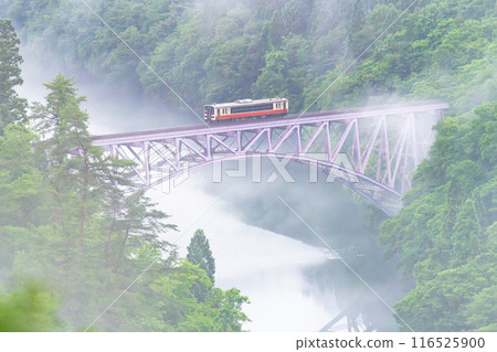 福島只見線 - 列車在濃霧中穿越第一隻見河大橋 116525900