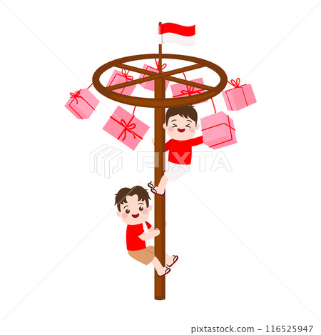 Cute boys doing traditional panjat pinang game for Indonesian independence day 116525947