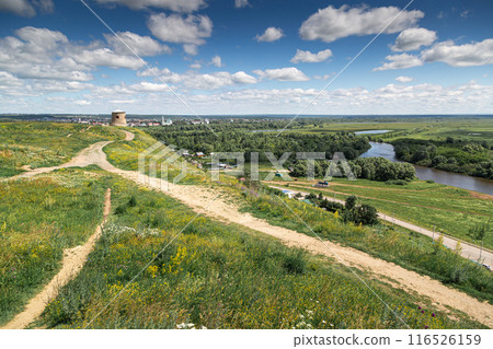 The tower of an ancient Bulgarian fortress on a high cliff on the banks of the Kama River, Elabuga, Tatarstan, Russian Federation The tower of an ancient Bulgarian fortress on a high cliff on the banks of the Kama River, Elabuga, Tatarstan, Russian Federation 116526159
