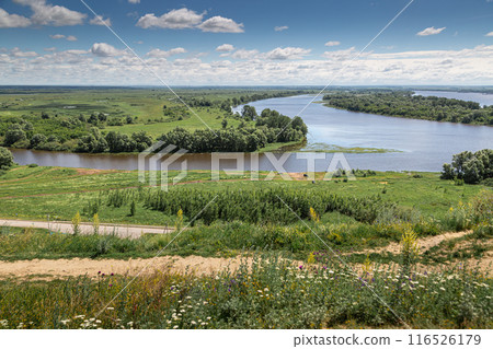 The tower of an ancient Bulgarian fortress on a high cliff on the banks of the Kama River, Elabuga, Tatarstan, Russian Federation 116526179