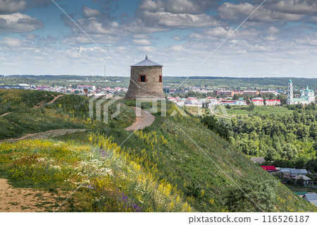 The tower of an ancient Bulgarian fortress on a high cliff on the banks of the Kama River, Elabuga, Tatarstan, Russian Federation 116526187