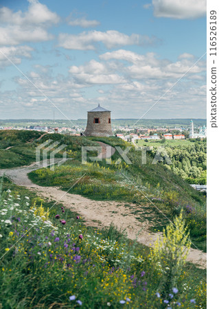 The tower of an ancient Bulgarian fortress on a high cliff on the banks of the Kama River, Elabuga, Tatarstan, Russian Federation The tower of an ancient Bulgarian fortress on a high cliff on the banks of the Kama River, Elabuga, Tatarstan, Russian Federation 116526189